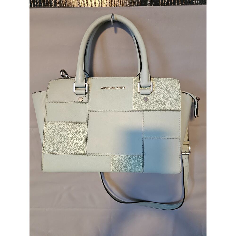 Michael Kors Patchwork Satchel Crossbody Purse Light Blue Green Leather Medium